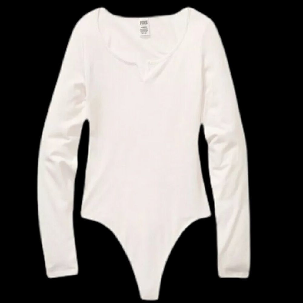 Victorias Secret Pink Soft Cotton Long Sleeve Bodysuit Shirt Top Ivory
